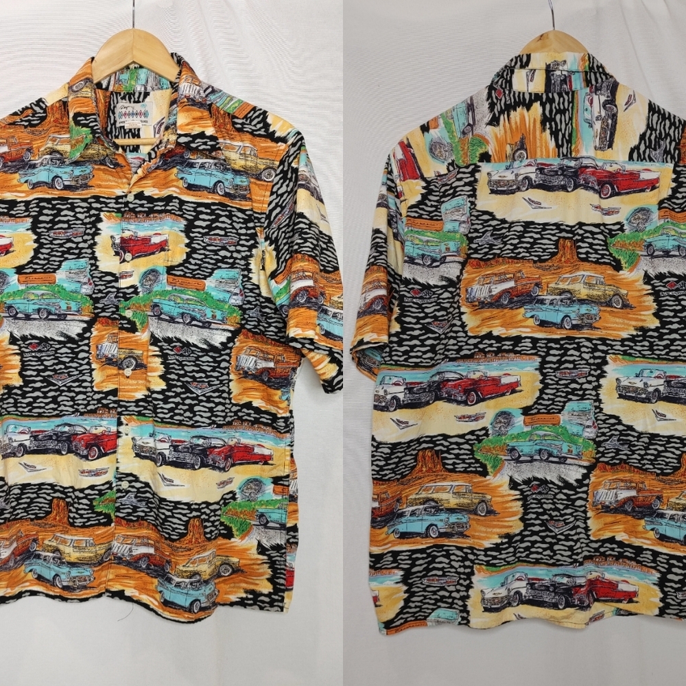 Reyn Spooner Shirt American Classics Button Front Short Sleeve 50s 60s Cars L